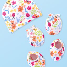 Babyhug 100% Cotton Knitted Cap Mittens & Booties with Floral Print- Multicolor-image-42