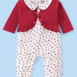 Babyhug 100% Cotton Knit Full Sleeves Romper Heart Print - Red & White-image-84