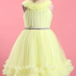 Bluebell Net Sleeveless Solid Colour Frill & Glittery Detailing Party Frock - Lemon Yellow-image-32