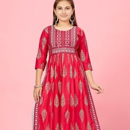 Aarika Three Fourth Sleeves Mirror Work & Floral Embroidered Kurta - Rani Pink-image-73