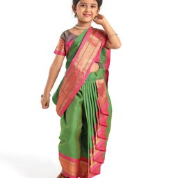 Bhartiya Paridhan Woven Half sleeves Zari Blouse & Nauvari Saree - Green-image-3