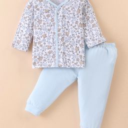 Ben Benny 100% Cotton Knit Full Sleeves Night Suit With Floral Print - Sky Blue-image-49