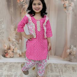 Junitos Cotton Three Forth Sleeves Floral Printed & Gota Lace Embellished Kurta With Dhoti Set - Pink-image-84