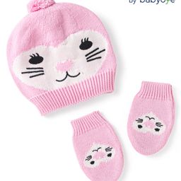 Babyoye Cotton Knit Woollen Cap & Mittens With Kitty Print Pink - Diameter 14 cm-picture-23