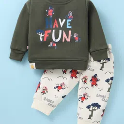 Mini Taurus Fleece Knit Full Sleeves T-Shirt & Lounge Pant Set With Text & Animal Print - Olive Green-picture-19