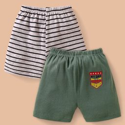 Ben Benny 100% Cotton Knit Above Knee Length Shorts with Text Print & StripesPack of 2 - Olive Green & White-image-72