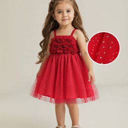 Babyhug Woven Sleeveless Party Dress With Floral Corsage & Glitter Print - Red-picture-42