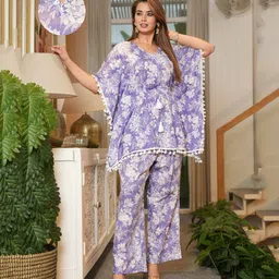Aujjessa Cotton Batwing Sleeves Floral Printed & Lace Embellished Maternity Feeding Night Suit with Concealed Zipper Nursing Access - Lavender-picture-0