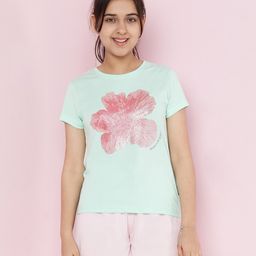 Lil Tomatoes Cotton Knit Half Sleeves Floral Printed Glitter Detailed Top & Shorts Set - Light Green-picture-30