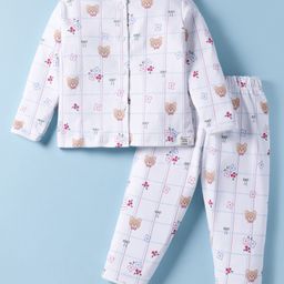 First Smile Sinker Knit Full Sleeves Co-ords Front Open Checkered Night Suit with Bear Print - White-image-73