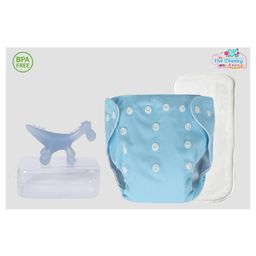 The Cheeky Kidzz Baby Pocket Style Button Reusable Cloth Diaper With Bamboo Microfiber Insert With Soft Silicone Animal Teether Shower Gift (BLUE)-80