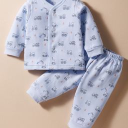 Zero Fleece Knit Front Open Full Sleeves Winter Wear Suit Set With Vehicle Print - Lavender-picture-0