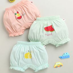 BUMZEE Cotton Knit Pack Of 3 Fruits Printed Bloomers - Peach & Mint Green-picture-20