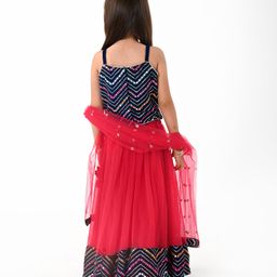 Babyhug Woven Sleeveless Net Mirror Embroidered Choli Lehenga & Dupatta Set - Red image 3