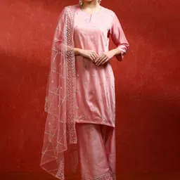Jaipur Kurti Women Floral Embroidered Beads and Stone Kurta Set With Dupatta-11
