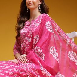 HERE&NOW Ethnic Motifs Print Pure Cotton Kurta with Trousers & Dupatta-picture-5