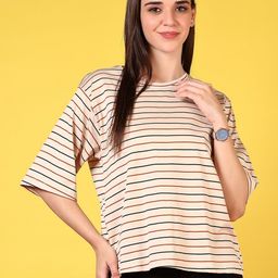 V-Mart Women Striped Round Neck Cotton Relaxed Fit T-shirt-picture-3