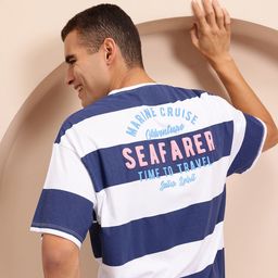 Mast & Harbour Striped Typography Printed Drop-Shoulder Sleeves Relaxed Fit T-shirt-image-31