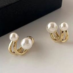 Estailo fashion Stainless Steel Gold-Plated Pearls Beaded Contemporary Shaped Studs-38