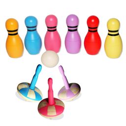 VParents Wooden Mini Bowling Pins Toy Set and Spin Tops - Multicolour-5