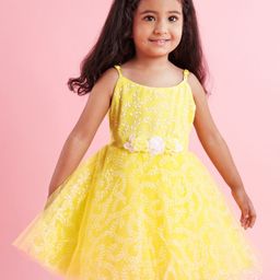 Babyhug Sleeveless Glitter Printed Party Frock - Yellow-picture-37