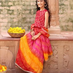 Pine Kids Sleeveless Sequined Choli & Ethnic Print Lehenga with Dupatta Set - Red-image-26