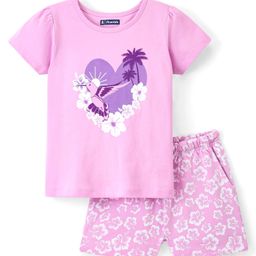 Pine Kids 100% Cotton Knit Half Sleeves Night Suit Floral Print - Pink Lavender-image-27