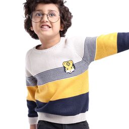 Babyhug Knit Full Sleeves Sweater Stripes Design With Tiger Patch- White Yellow & Blue-image-80