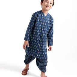 Babyhug 100% Cambric Full Printed Front Open Kurta With Dhoti Set- Indigo-image-65