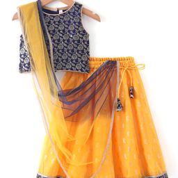 Babyhug Sleeveless Brocade Choli Foil Printed Lehenga and Dupatta Set - Yellow & Navy Blue-picture-1