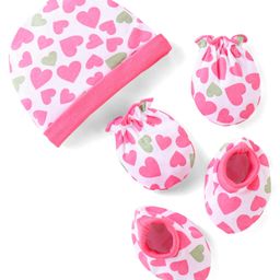 Babyhug 100% Cotton Knit Cap Mittens & Booties Heart Print Pink - Diameter 10 cm-image-56