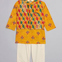 READIPRINT Full Sleeves Floral Printed  Kurta Pyjama With Geometric Motif & Lace Embellished Nehru Jacket - Orange-picture-36