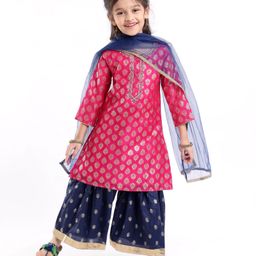 Babyhug 100% Cotton Three Forth Sleeve Kurti Sharara And Dupatta With Bandhani Print- Pink & Navy Blue-image-91