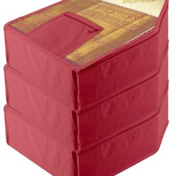 Kuber Industries Blouse Cover  Clothes Storage Bag  Zipper Wardrobe Organizers  Clothes Organiser with Attached Pocket  Non-Woven Front Transparent Blouse Cover  Pack of 3  Maroon-18