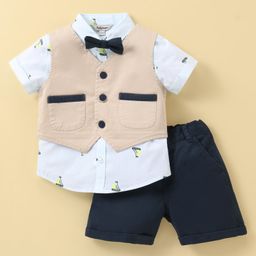 ToffyHouse 100% Cotton Half Sleeves Solid Colour Party Suit with Bow - Khaki-image-26