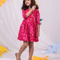 Vastramay Three Fourth Sleeves Bandhani Printed Dress - Pink-image-88