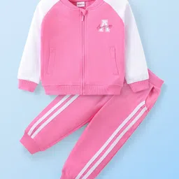 Babyhug Cotton Terry Knit Full Sleeves Jacket & Lounge Pants Set With Text Print - Pink & White-picture-40
