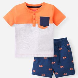 Babyhug Cotton Knit Half Sleeves Henley Neck T-Shirt & Shorts Set With Color Block Print - Multicolor-image-12