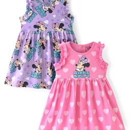 Babyhug Disney Cotton Knit Sleeveless Frocks with Minnie Mouse Graphic & Frill Detailing  Pack of 2 - Purple & Pink-image-29