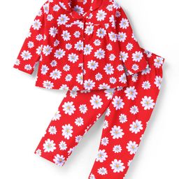 Babyhug Cotton Knit Full Sleeves Floral Printed Night Suit - Red-image-76