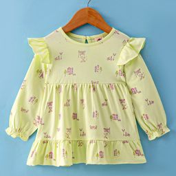 Zero Sinker Knit Full Sleeves Printed Frock With Frill Detailing - Lemon Yellow-image-17