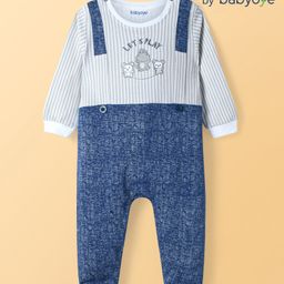 Babyoye 100% Cotton Knit Full Sleeves Footed Sleepsuit with Bear Embroidery - Navy Blue-image-76