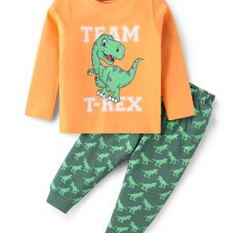 Babyhug Cotton Woven Full Sleeves Night Suit with Dino Print - Orange & Green-image-90
