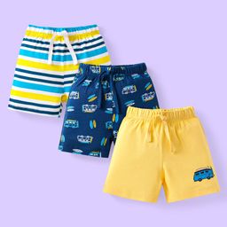 Babyhug Cotton Knit Mid Thigh Length Shorts with Stripes & Vehicle Print Pack of 3 - Blue & Yellow-image-114