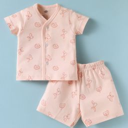 Zero Sinker Knit Half Sleeves Shorts Co-Ord Night Suit With Teddy Bear Print - Peach-image-86