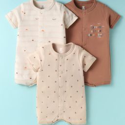 I Bears Interlock Knit Half Sleeves Front Open Rompers with Nautical Theme Print Pack of 3 - Brown Beige & Cream-image-8