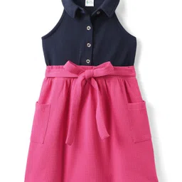 Hola Bonita Knit Sleeveless Solid Frock With Belt - Dark Pink & Navy Blue-picture-0