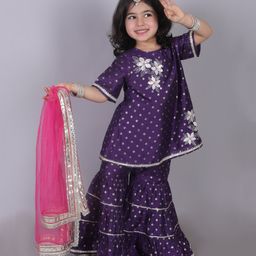 Lil Drama Half Sleeves Floral Embroidered & Gota Lace Embellished Kurta & Sharara With Dupatta Set - Purple-image-99