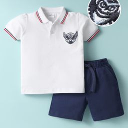 Mark & Mia Cotton Knit Half Sleeves Polo T-Shirt & Shorts Set With Tipping Rib & Owl Embroidery - White & Navy Blue-image-49