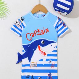 Babyhug Half Raglan Sleeves Legged Swimsuit With Shark Print & Cap - Light Blue-image-96